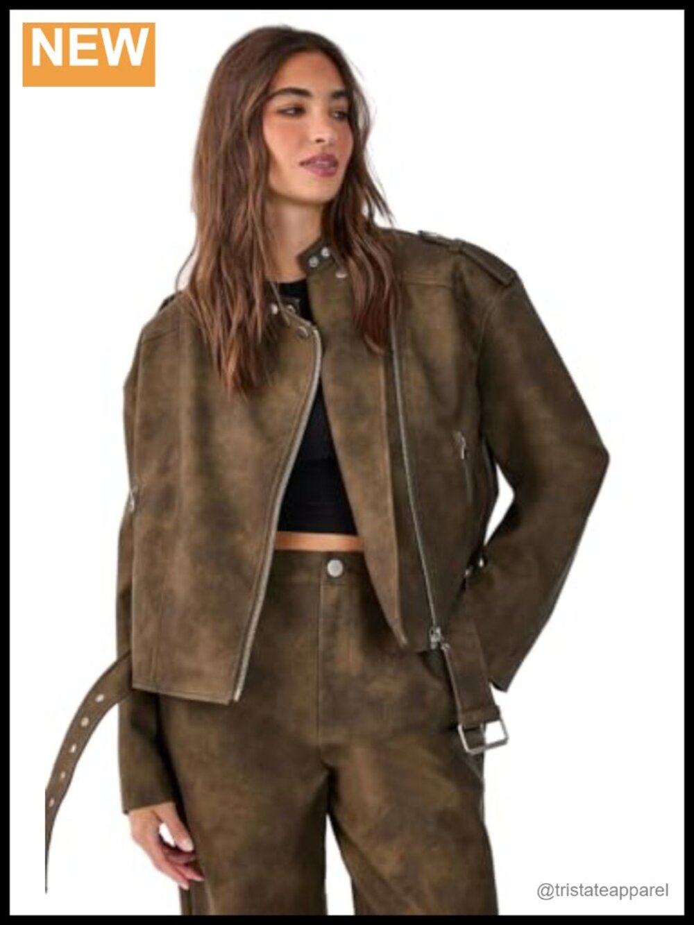 Belted Cropped Faux Leather Biker Jacket